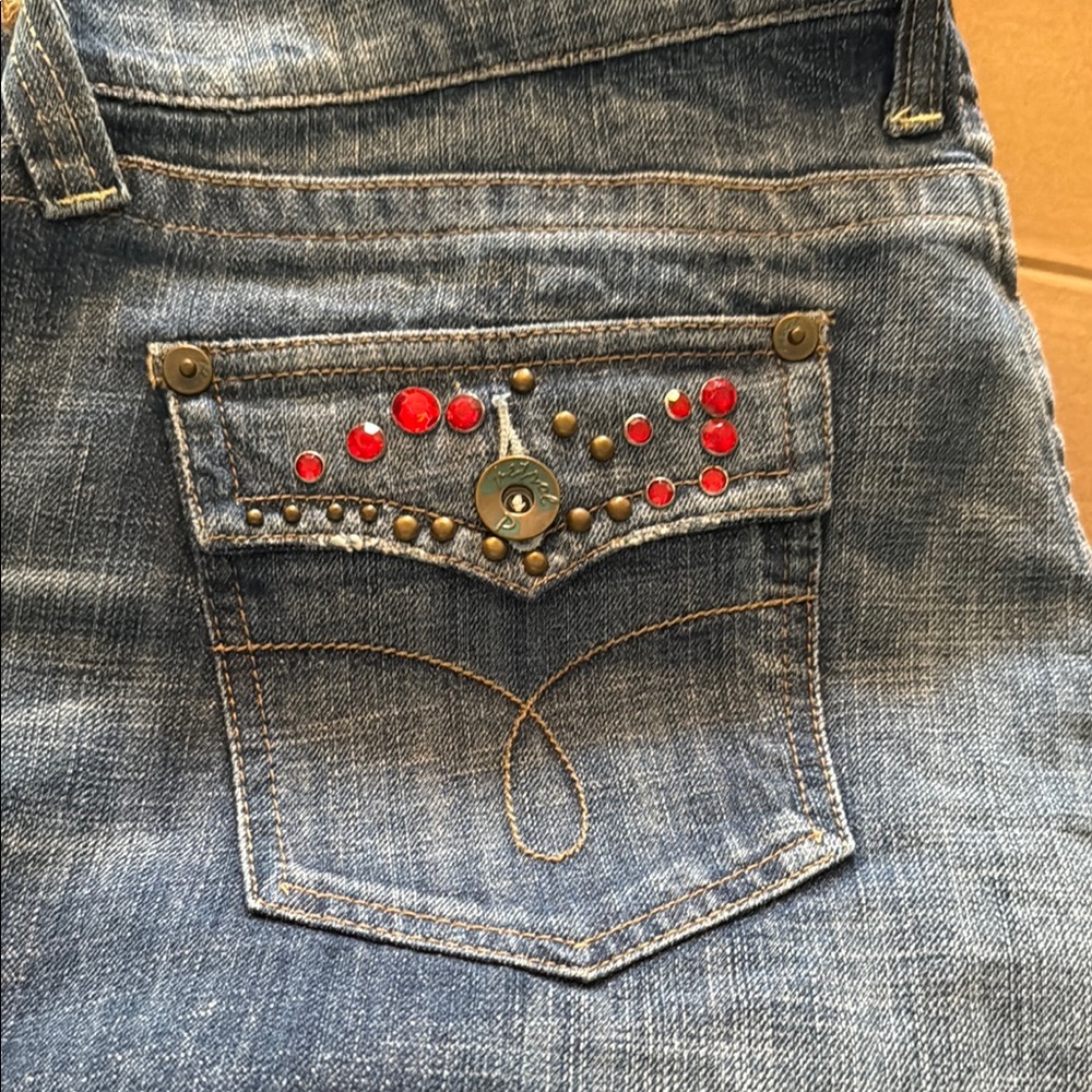 Stylish Blue Jeans with Red Accents Petrol bootcut western cowgirl jeans sz 14